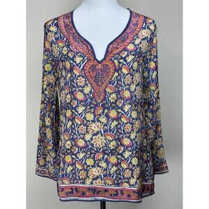 Tolani Size M 100% Silk Multi Color V Neck Long Sleeve Tunic Top Boho